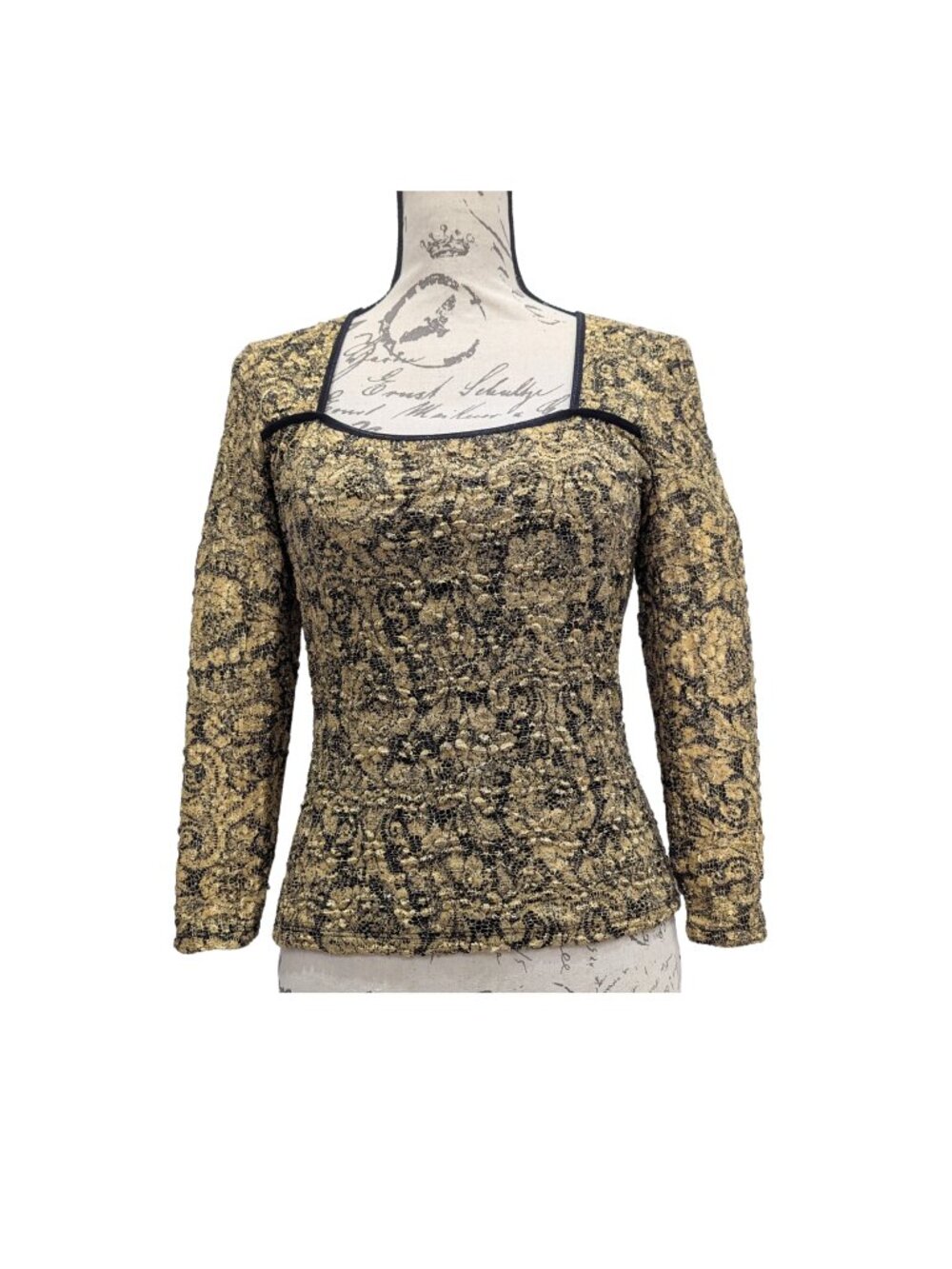INC Gold Black Baroque Lace Top Square Neck Fitted Size M Runs Small - Picture 2 of 7